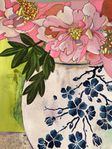 Mixed Media on Paper.  Original Artwork by RH Zondag.  Title: Art Nouveau - Peonies in a Ginger Jar.