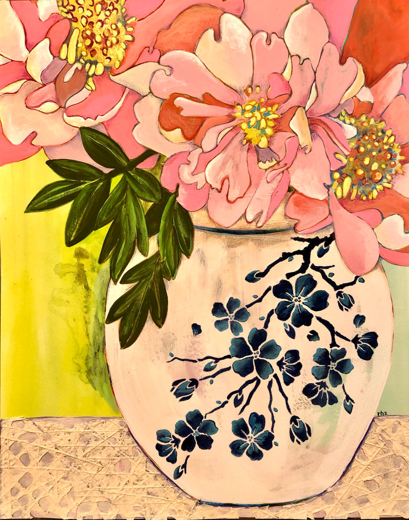 Art Nouveau - Peonies in a Ginger Jar by Artist RH Zondag.  Mixed media on paper.
