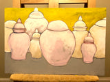 Gingers Jars. An original painting by Artist RH Zondag. This picture captures the process of the painting being created in the artist's studio.