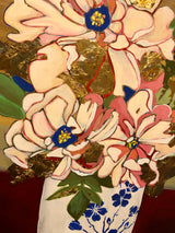 Detail from "Peonies in a Blue and White Vase." An original painting by artist RH Zondag measuring 24 inches tall by 18 inches wide. The painting contains gold leaf.