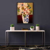 Peonies in a Blue and White Vase. An original painting by artist RH Zondag measuring 24 inches tall by 18 inches wide. The painting contains gold leaf.