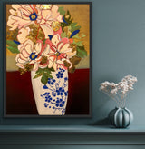 Peonies in a Blue and White Vase. An original painting by artist RH Zondag measuring 24 inches tall by 18 inches wide. The painting contains gold leaf.