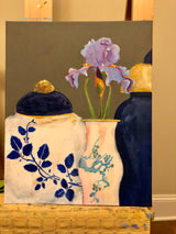 Ginger Jar, Blue Vase and Iris. Original painting by artist RH Zondag. Acrylic on canvas measuring 20 inches tall by 16 inches wide. Added touches of gold leaf make this painting special for any collector. Here the painting is pictured on the easel in the artist's studio.