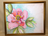 Pink Peony Study. An Original Painting by Artist RH Zondag. The painting measures 16 inches tall by 20 inches wide. Framed in gold, the total measures 18 inches tall by 24 inches wide. Acrylic on canvas.