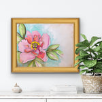 Pink Peony Study. An Original Painting by Artist RH Zondag. The painting measures 16 inches tall by 20 inches wide. Framed in gold, the total measures 18 inches tall by 24 inches wide. Acrylic on canvas.