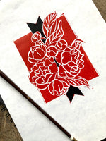 Peony Bouquet Hand-colored Floral Linocut