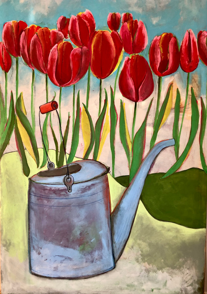 The Old Watering Can. An Original Painting by Artist RH Zondag. Measures 36 inches by 24 inches.