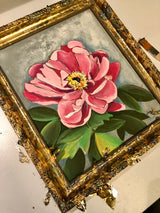 Pink Peony in a Gilded Frame by artist RH Zondag. Measuring approximately 12 inches by 10 inches. This picture shows the process of adding copper and gold leaf to the upcycled frame.