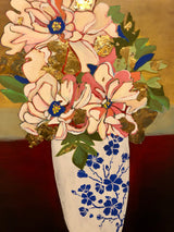Peonies in a Blue and White Vase. An original painting by artist RH Zondag measuring 24 inches tall by 18 inches wide. The painting contains gold leaf.