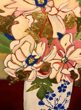 Detail from "Peonies in a Blue and White Vase." An original painting by artist RH Zondag measuring 24 inches tall by 18 inches wide. The painting contains gold leaf.