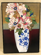 Peonies in a Blue and White Vase. An original painting by artist RH Zondag measuring 24 inches tall by 18 inches wide. The painting contains gold leaf.