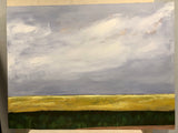 Canola Cloudy Morning: Manitoba. This painting measures 36 inches tall by 48 inches wide. Acrylic on canvas painting by artist RH Zondag. This photo is taken at the artist's studio.