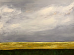Canola Cloudy Morning: Manitoba. This painting measures 36 inches tall by 48 inches wide. Acrylic on canvas painting by artist RH Zondag.