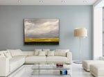 Canola Cloudy Morning: Manitoba. This painting measures 36 inches tall by 48 inches wide. Acrylic on canvas painting by artist RH Zondag.