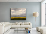 Canola Cloudy Morning: Manitoba. This painting measures 36 inches tall by 48 inches wide. Acrylic on canvas painting by artist RH Zondag.