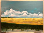 Canola Field Study: Manitoba. This painting measures 36 inches tall by 48 inches wide. Acrylic on canvas painting by artist RH Zondag. This photo is taken in the artist's studio.