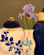 Ginger Jar, Blue Vase and Iris. Original painting by artist RH Zondag.  Acrylic on canvas measuring 20 inches tall by 16 inches wide. Added touches of gold leaf make this painting special for any collector.