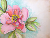 Pink Peony Study. An Original Painting by Artist RH Zondag. The painting measures 16 inches tall by 20 inches wide. Framed in gold, the total measures 18 inches tall by 24 inches wide. Acrylic on canvas.